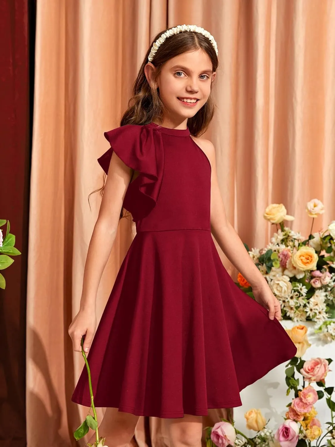 WDIRARA Girl's A Line Flowy Ruffle Sleeveless Asymmetrical Fancy Party Mini Dress