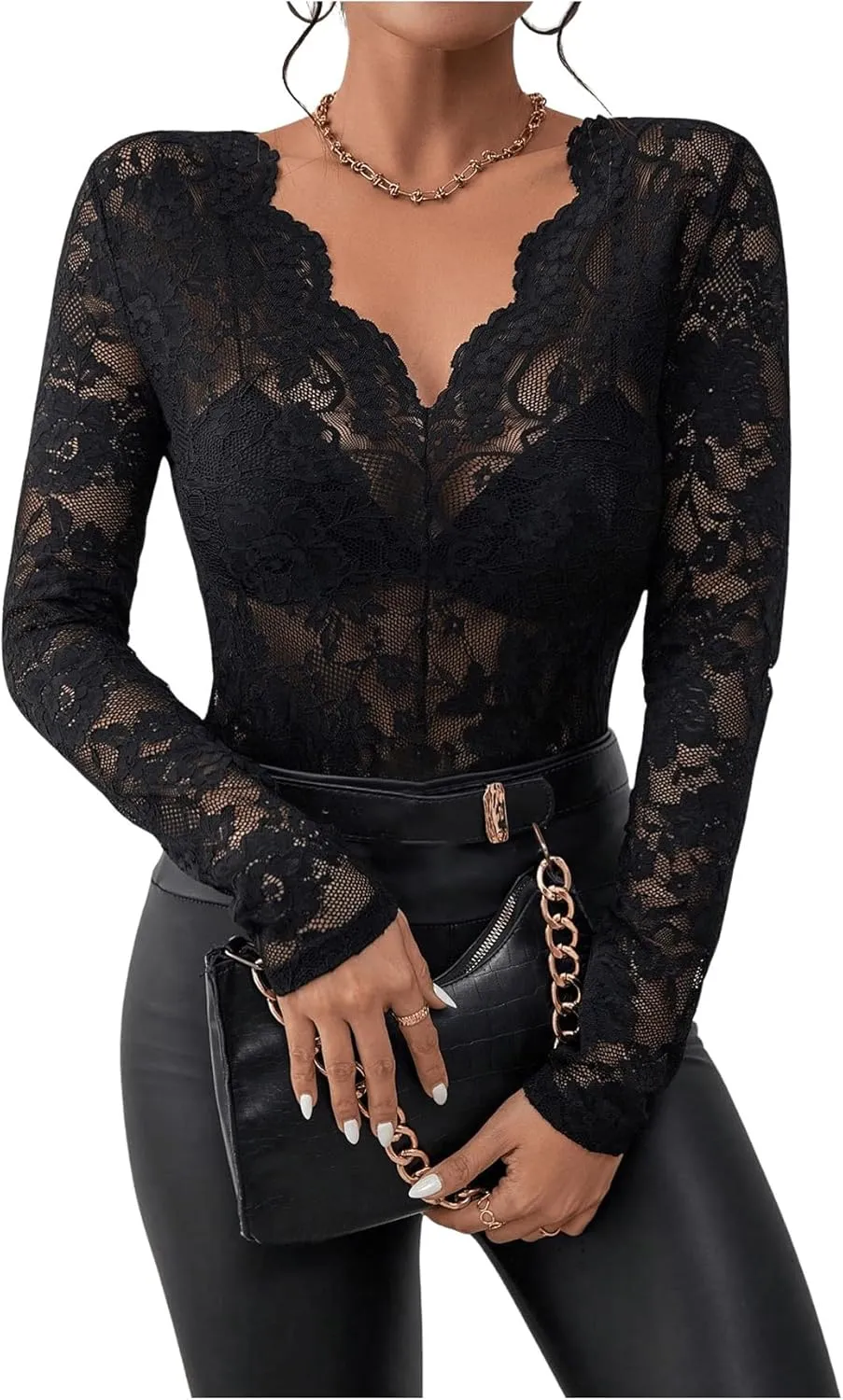 WDIRARA Women's Floral Embroidery Mesh Lace Round Neck Long Sleeve Top