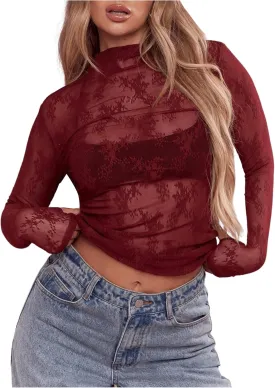 WDIRARA Women's Floral Embroidery Mesh Lace Round Neck Long Sleeve Top