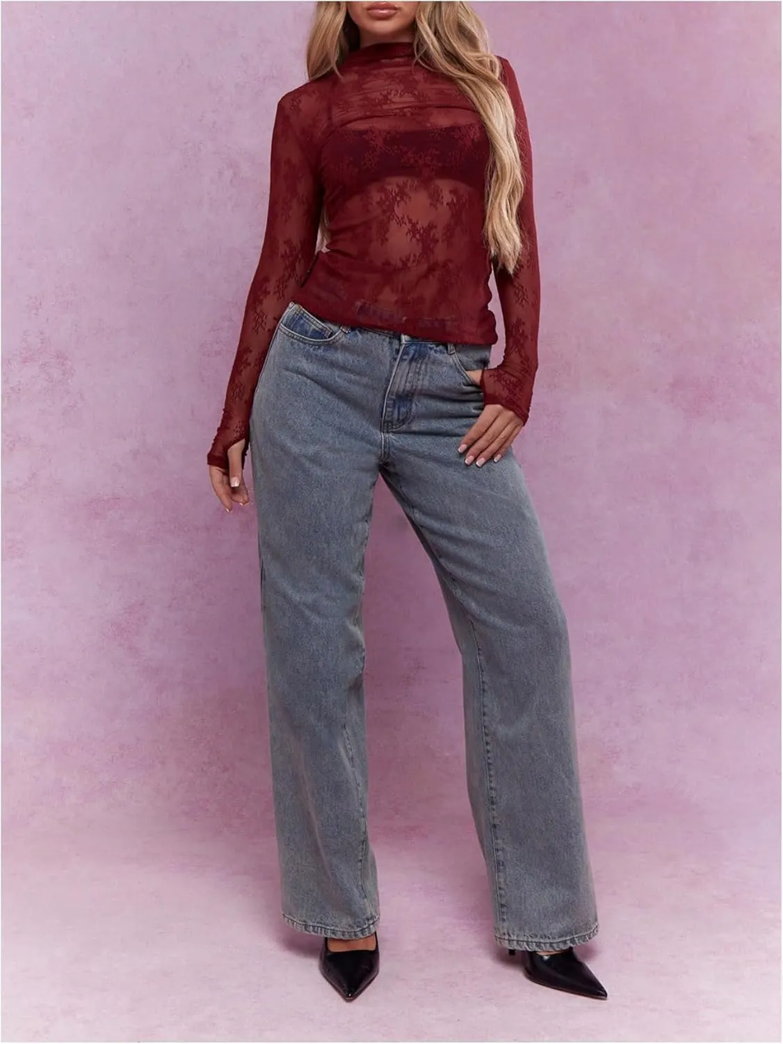 WDIRARA Women's Floral Embroidery Mesh Lace Round Neck Long Sleeve Top