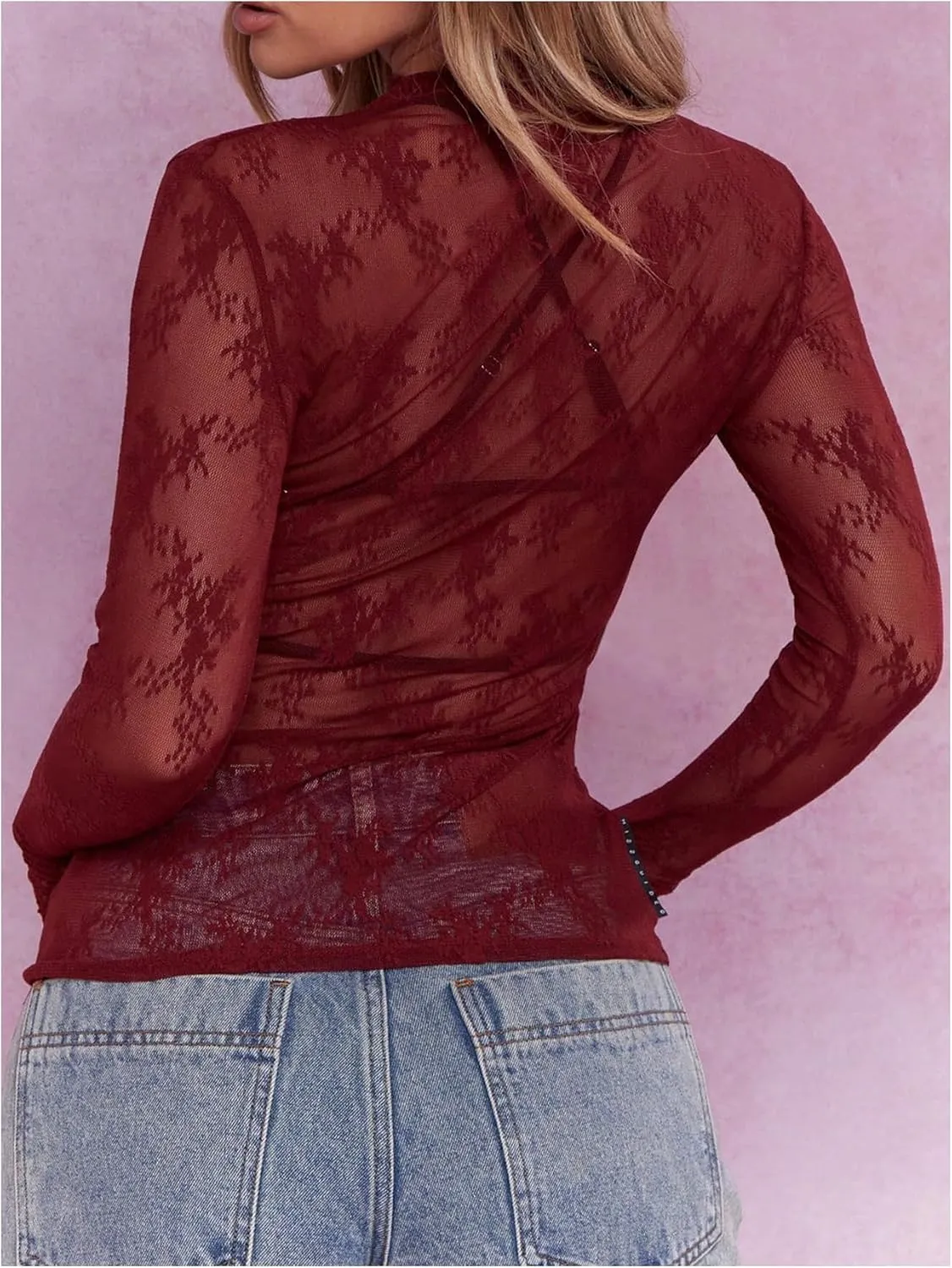WDIRARA Women's Floral Embroidery Mesh Lace Round Neck Long Sleeve Top