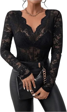 WDIRARA Women's Floral Embroidery Mesh Lace Round Neck Long Sleeve Top