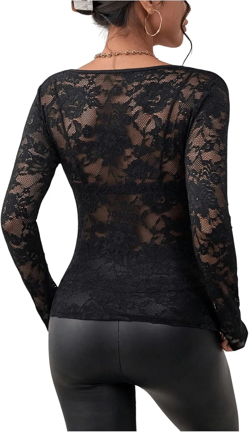 WDIRARA Women's Floral Embroidery Mesh Lace Round Neck Long Sleeve Top