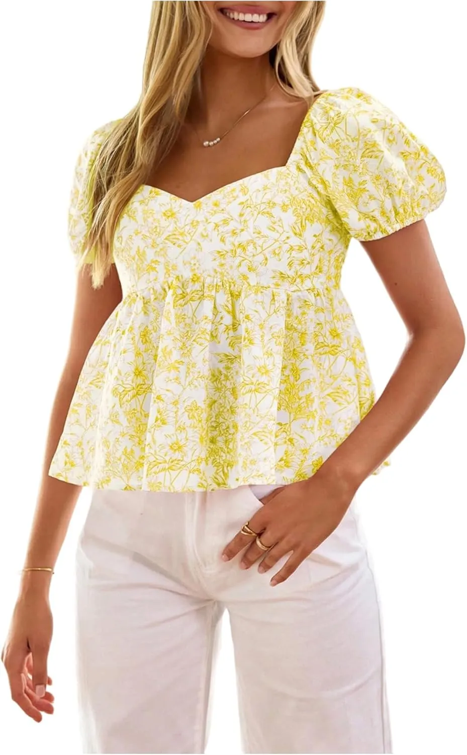 WDIRARA Women's Floral Print Sweetheart Neck Puff Short Sleeve Blouse Smocked Ruffle Hem Peplum Top