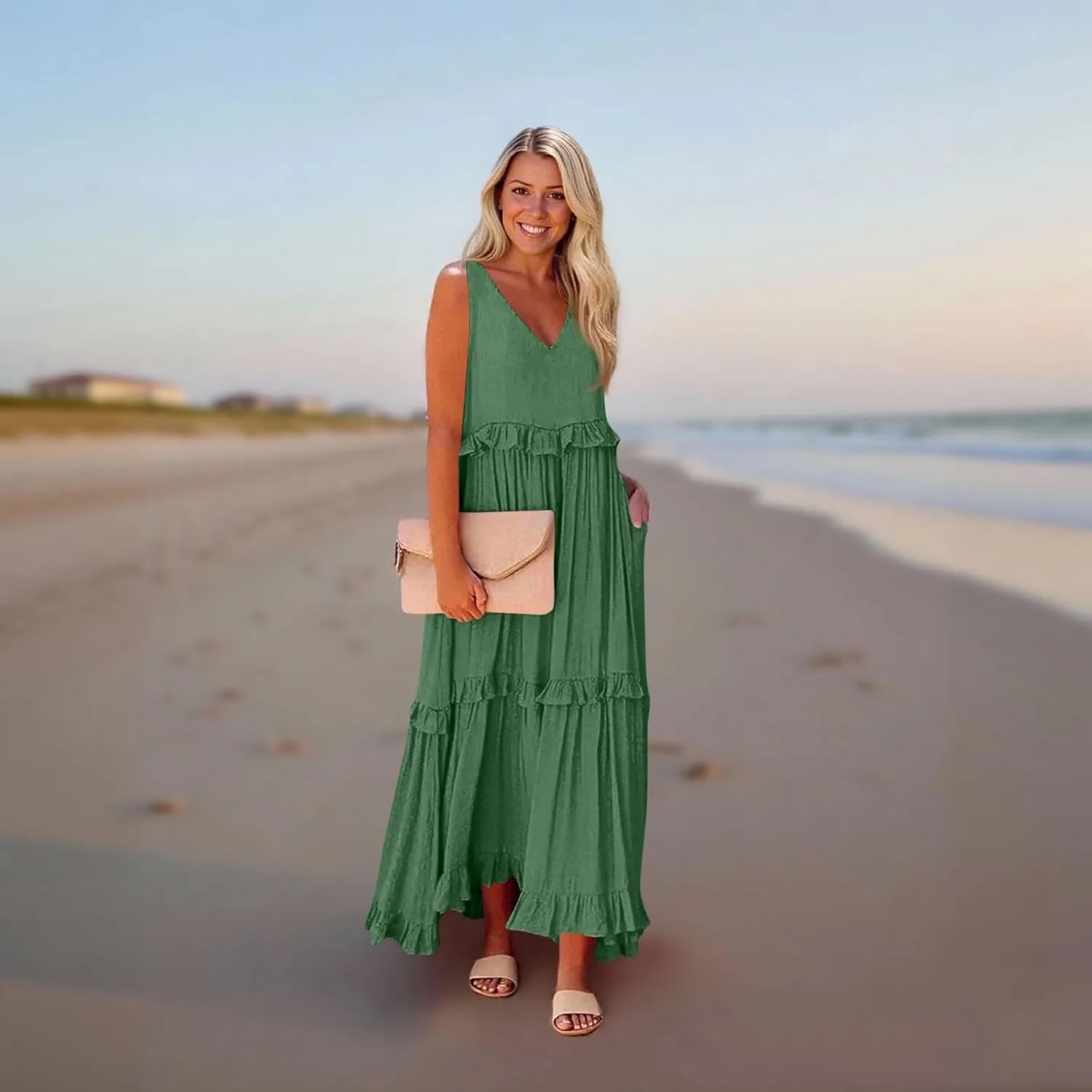 Wedding Guest Dresses for Women Summer V Neck Flowy Swing Maxi Dress Tiered Pleated Lined A Line Long Dress Pockets