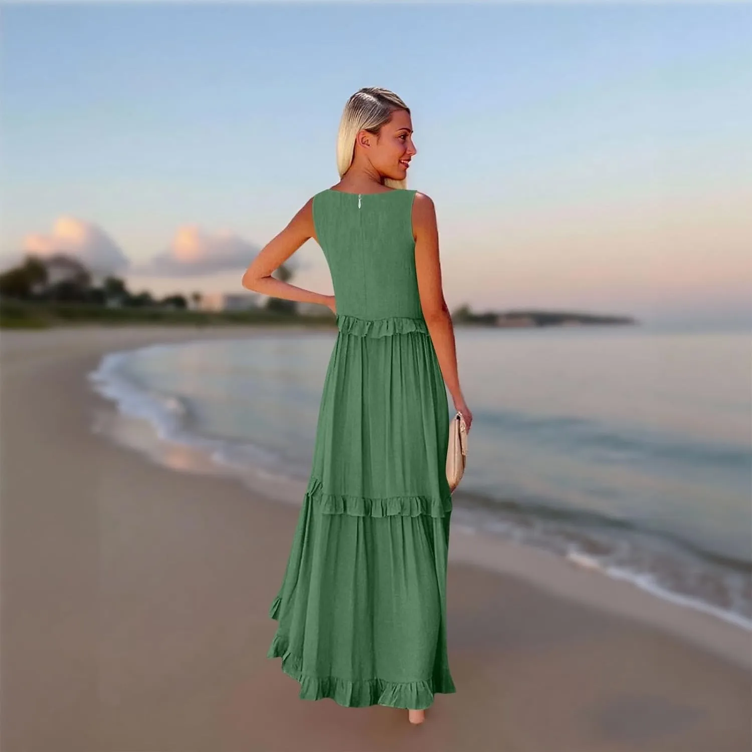Wedding Guest Dresses for Women Summer V Neck Flowy Swing Maxi Dress Tiered Pleated Lined A Line Long Dress Pockets