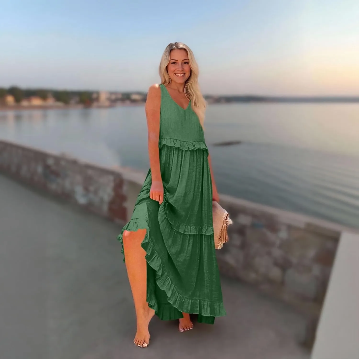 Wedding Guest Dresses for Women Summer V Neck Flowy Swing Maxi Dress Tiered Pleated Lined A Line Long Dress Pockets
