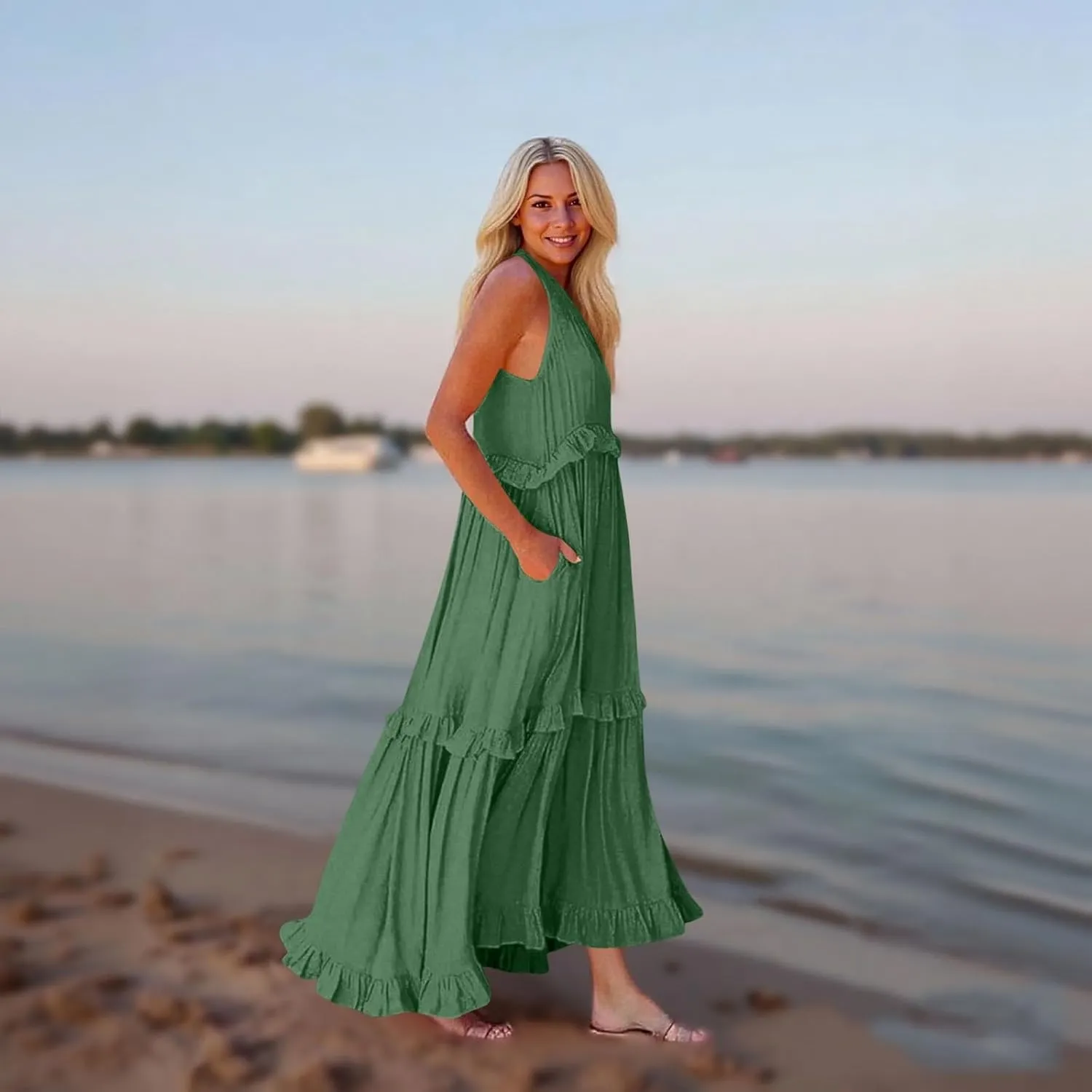 Wedding Guest Dresses for Women Summer V Neck Flowy Swing Maxi Dress Tiered Pleated Lined A Line Long Dress Pockets