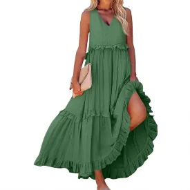 Wedding Guest Dresses for Women Summer V Neck Flowy Swing Maxi Dress Tiered Pleated Lined A Line Long Dress Pockets