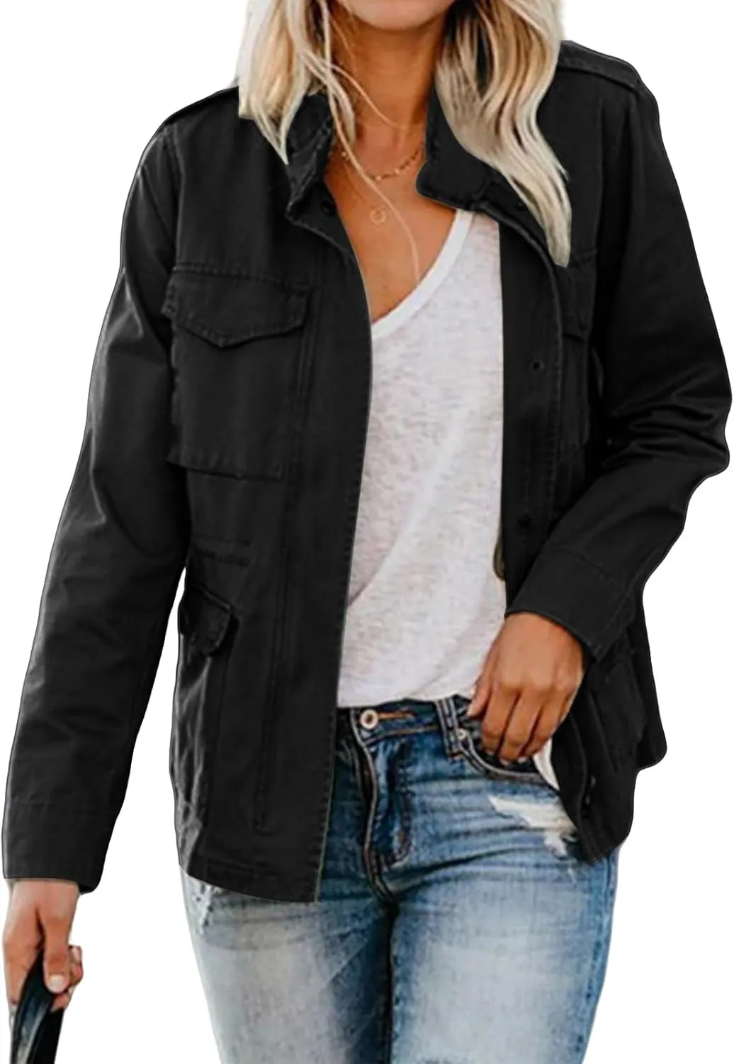 Women Military Anorak Jackets Lightweight Zip Up Utility Cargo Coats Casual Long Sleeve Snap Buttons Safari Outwear