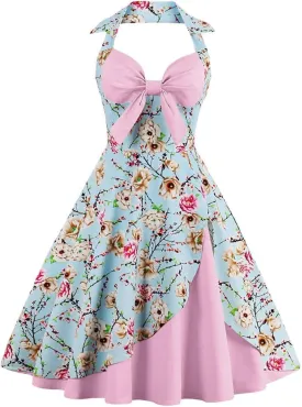 Women Vintage 1950s Rockabilly Swing Dress 50s Pinup Retro Hepburn Style A-Line Halterneck Floral Dresses