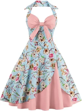 Women Vintage 1950s Rockabilly Swing Dress 50s Pinup Retro Hepburn Style A-Line Halterneck Floral Dresses