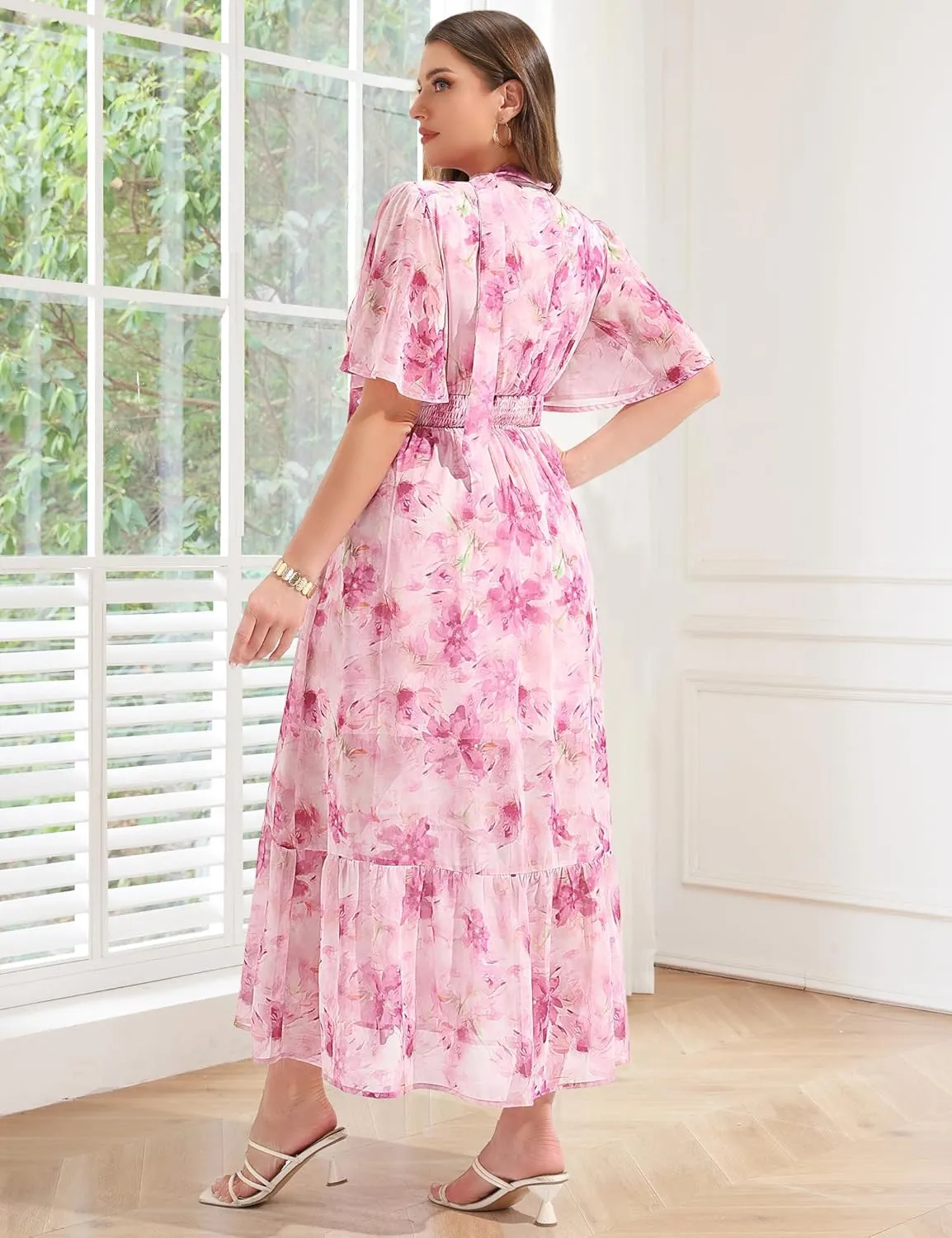 Women's 2025 Floral Summer Dress Smocked V Neck Boho Plus Size Beach Party Wedding Guest Ruffle Long Dresses