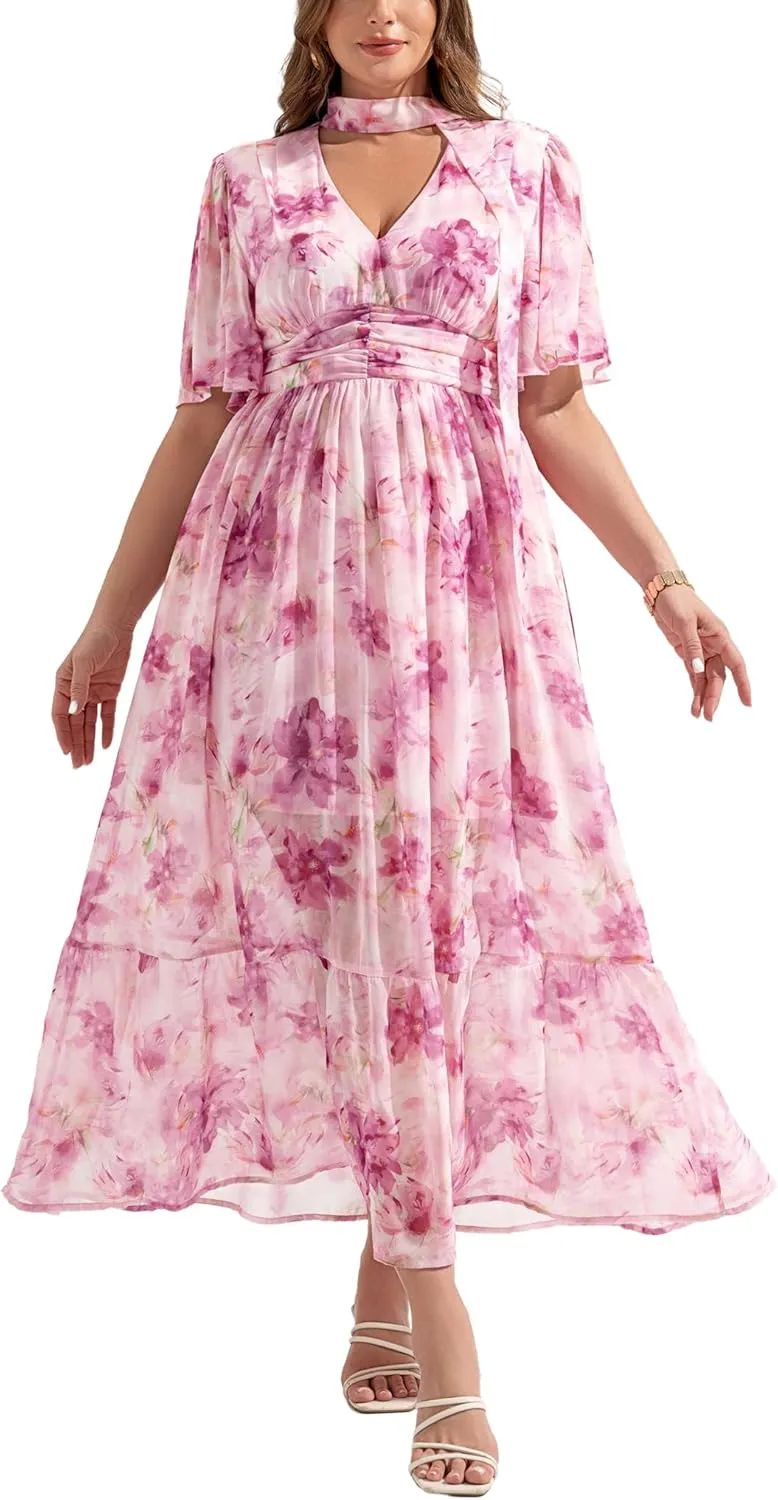Women's 2025 Floral Summer Dress Smocked V Neck Boho Plus Size Beach Party Wedding Guest Ruffle Long Dresses
