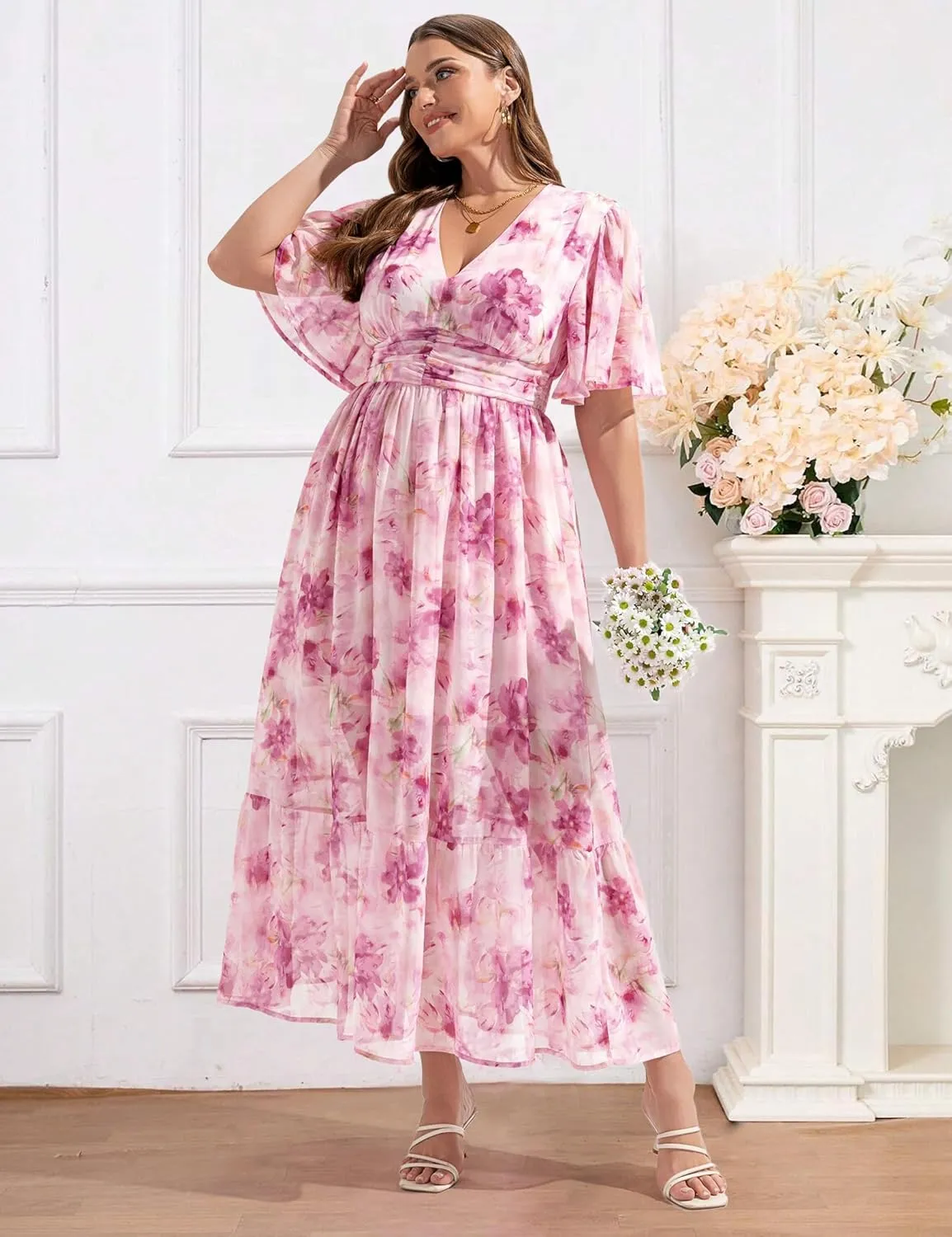 Women's 2025 Floral Summer Dress Smocked V Neck Boho Plus Size Beach Party Wedding Guest Ruffle Long Dresses