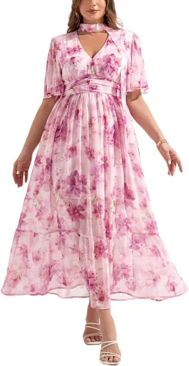 Women's 2025 Floral Summer Dress Smocked V Neck Boho Plus Size Beach Party Wedding Guest Ruffle Long Dresses