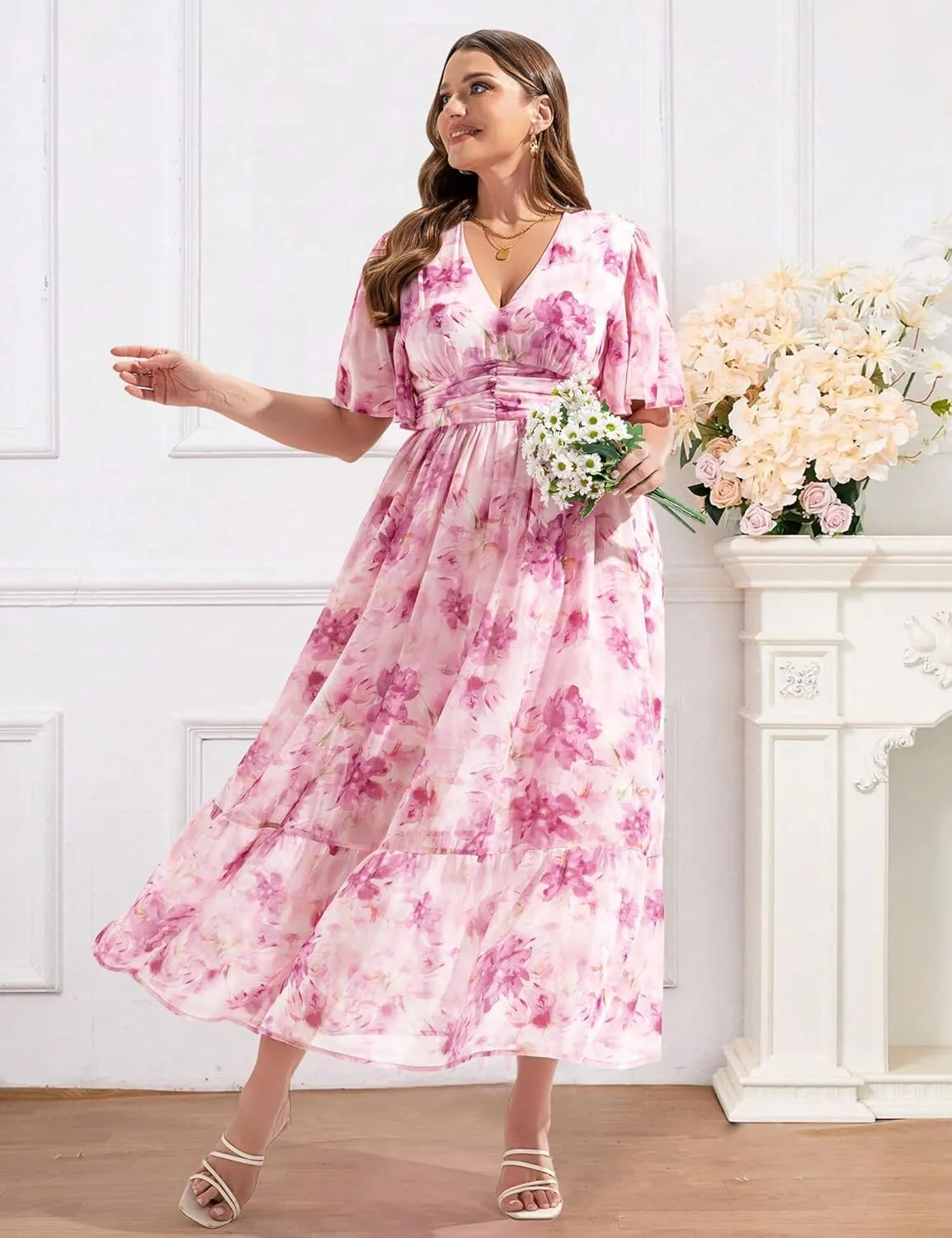 Women's 2025 Floral Summer Dress Smocked V Neck Boho Plus Size Beach Party Wedding Guest Ruffle Long Dresses