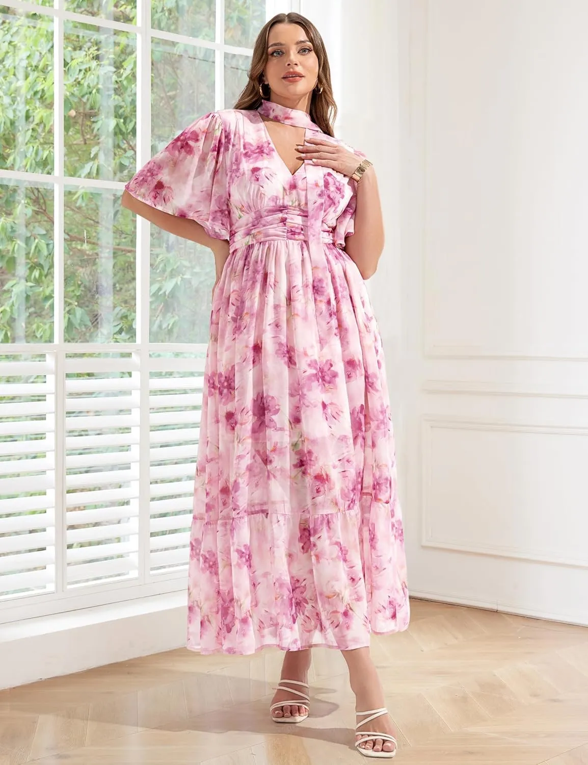 Women's 2025 Floral Summer Dress Smocked V Neck Boho Plus Size Beach Party Wedding Guest Ruffle Long Dresses