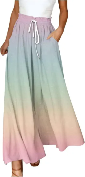 Women's Bohemian Gradient Color Elastic Casual High Waisted Wide Leg Dressy Loose Fit Pants with Pockets