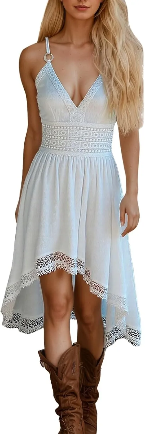 Women's Boho Floral Dress Sexy V Neck Spaghetti Strap Mini Sundress Lace High Low Hem Front Tie Western Vacation Dresses