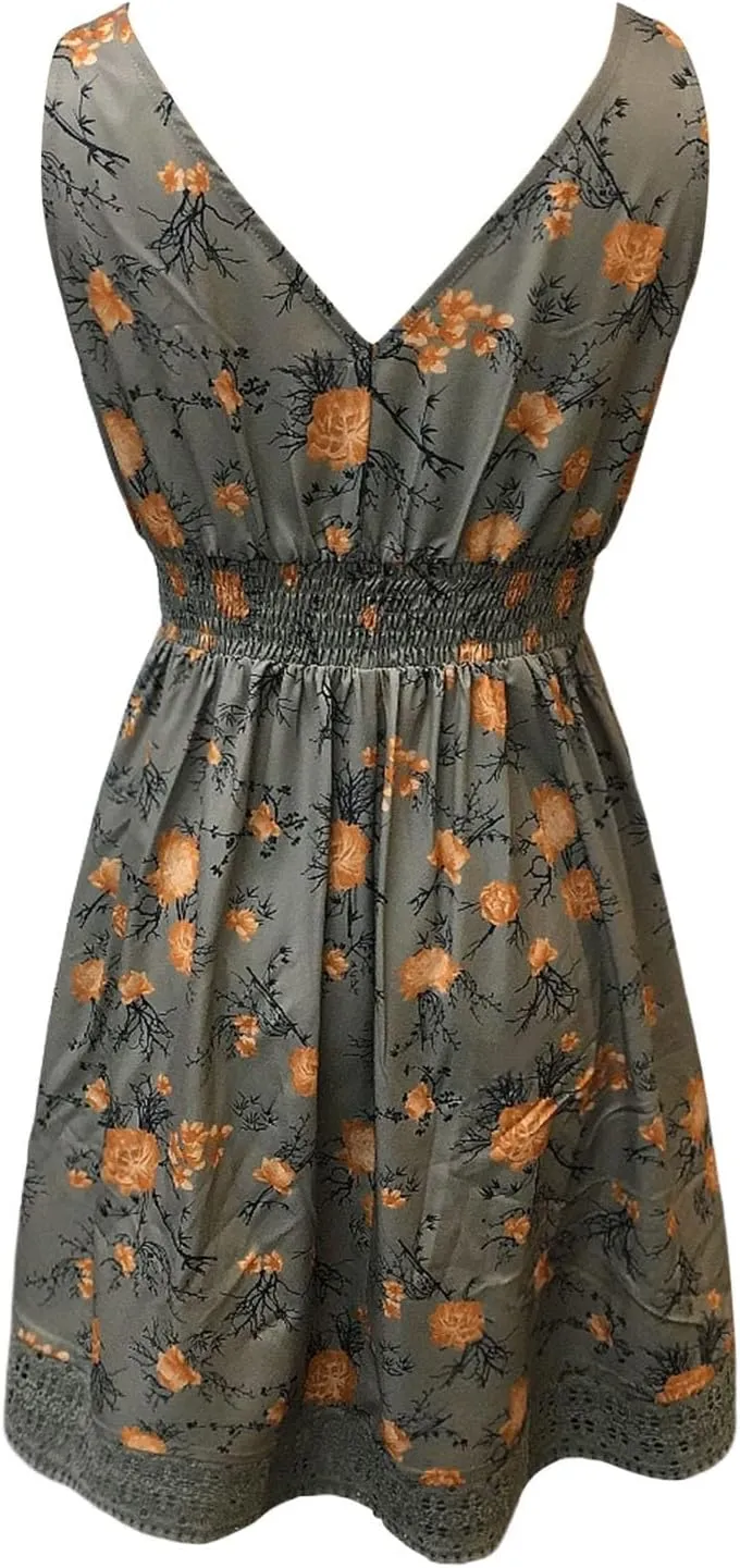 Women's Boho Floral Dress Sexy V Neck Spaghetti Strap Mini Sundress Lace High Low Hem Front Tie Western Vacation Dresses
