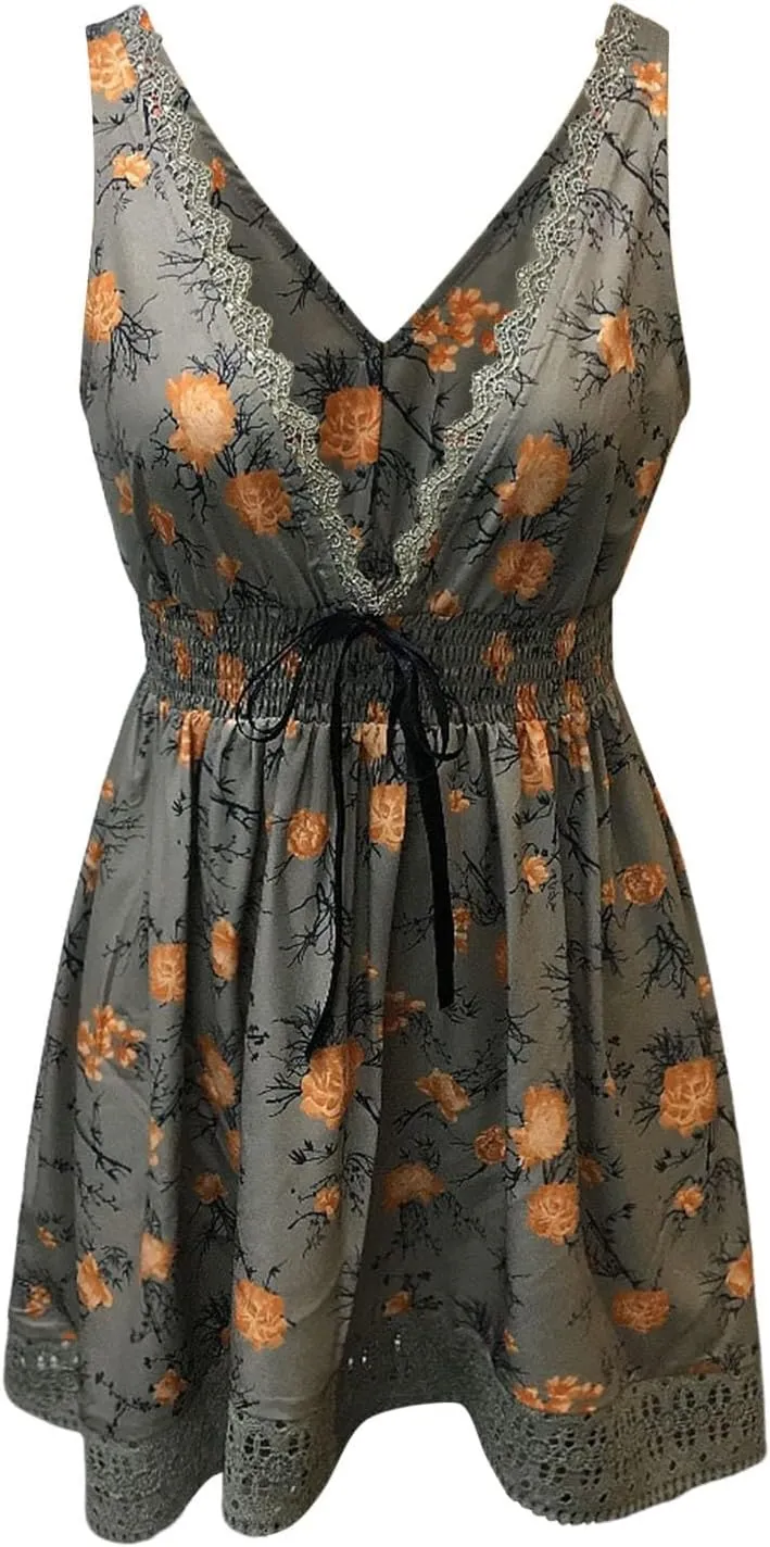 Women's Boho Floral Dress Sexy V Neck Spaghetti Strap Mini Sundress Lace High Low Hem Front Tie Western Vacation Dresses