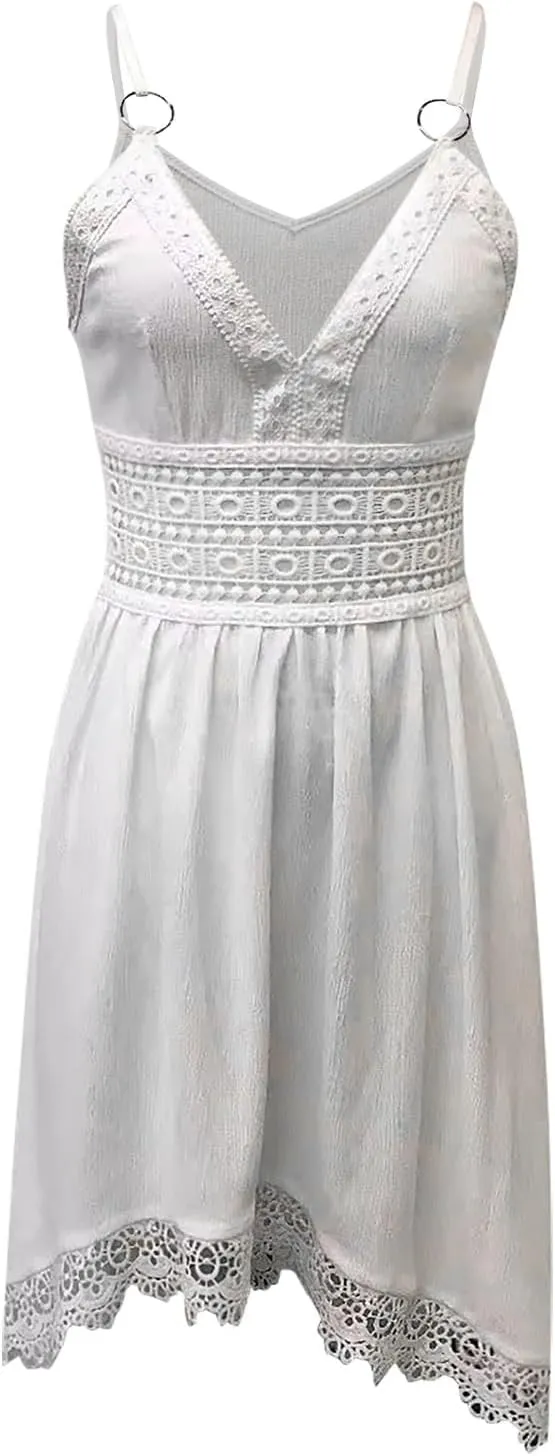 Women's Boho Floral Dress Sexy V Neck Spaghetti Strap Mini Sundress Lace High Low Hem Front Tie Western Vacation Dresses