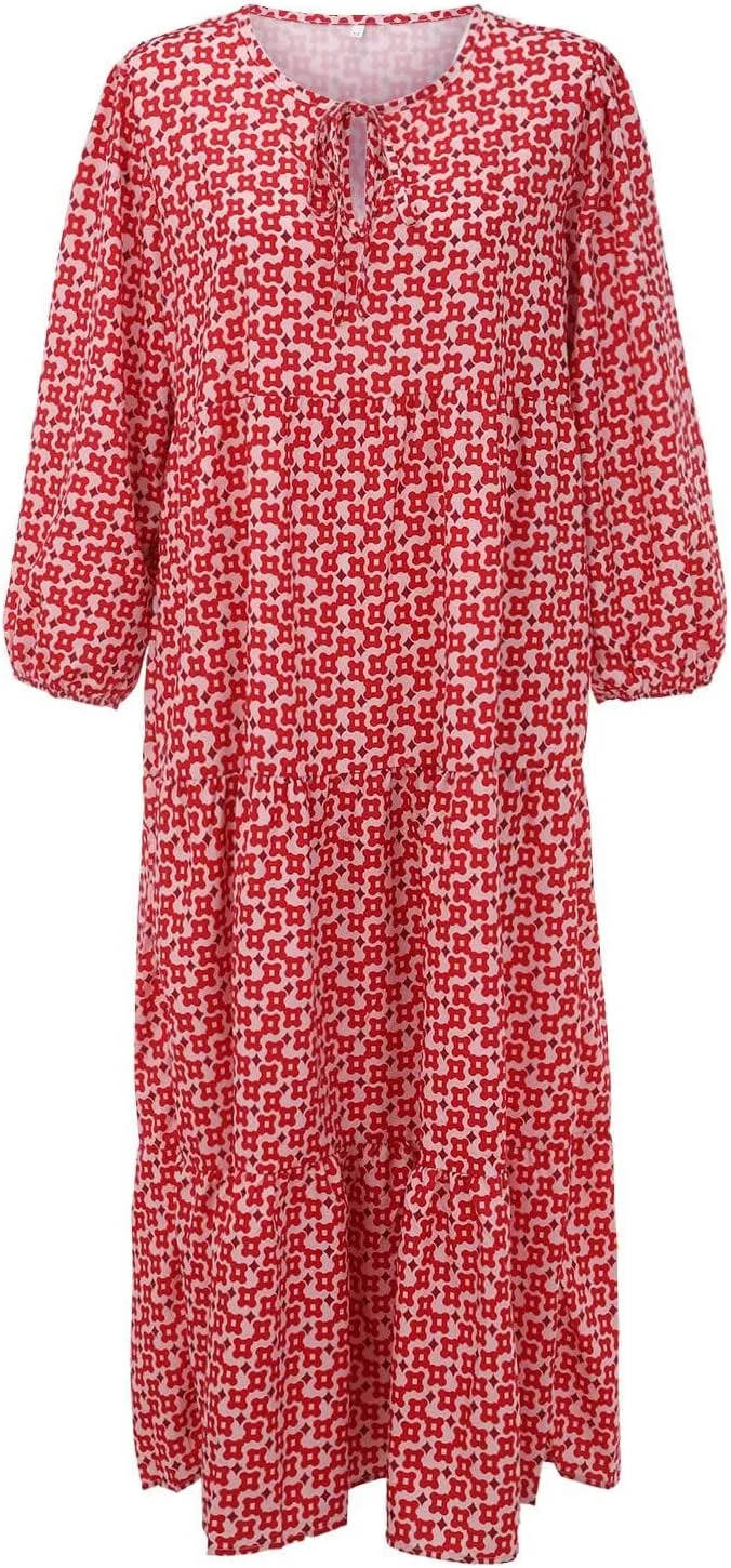 Womens Boho Maxi Dresses 2025 Loose Fit Long Bohemian Dress Geometric Half Sleeve V Neck Floral Flowy Dress