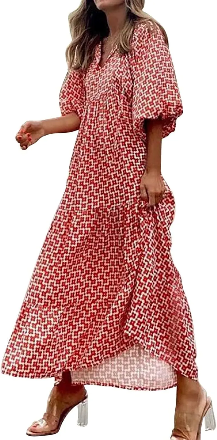 Womens Boho Maxi Dresses 2025 Loose Fit Long Bohemian Dress Geometric Half Sleeve V Neck Floral Flowy Dress