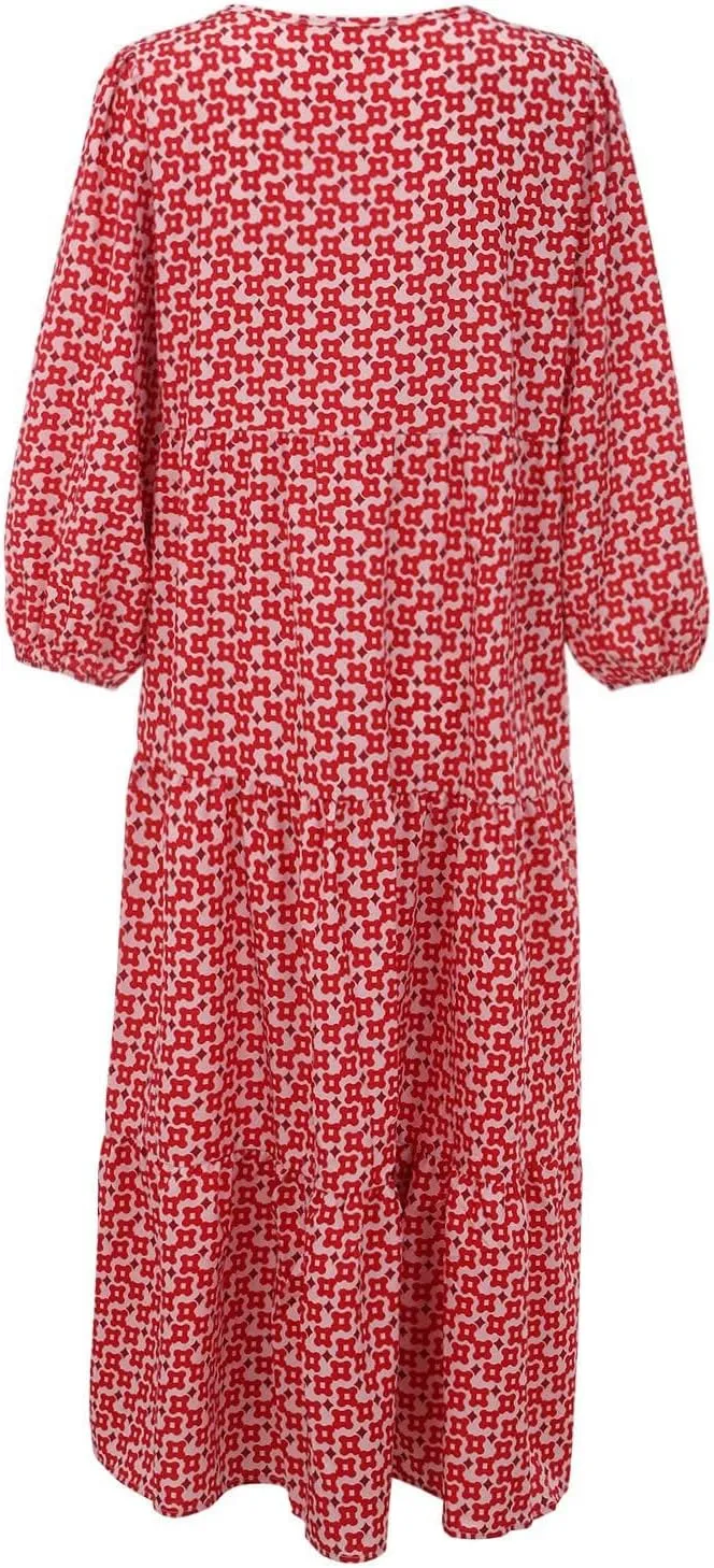 Womens Boho Maxi Dresses 2025 Loose Fit Long Bohemian Dress Geometric Half Sleeve V Neck Floral Flowy Dress