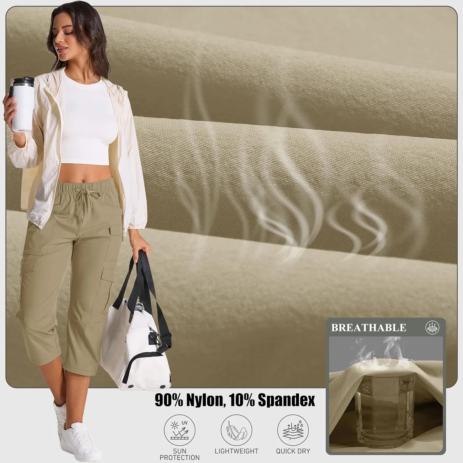 Womens Capris with Pockets Stretch Shorts Hiking Cargo Quick Dry Elastic Waist Long Shorts