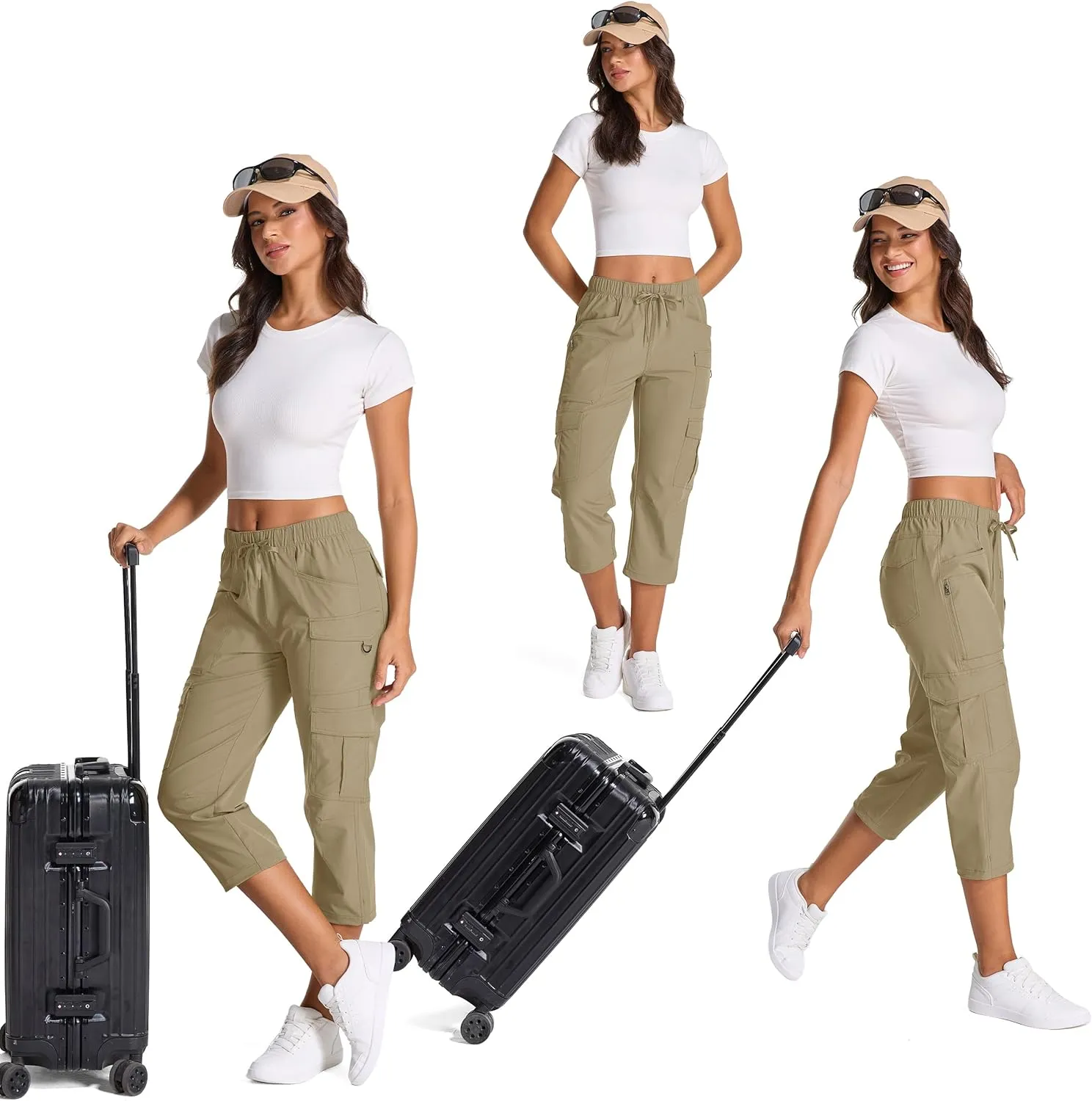 Womens Capris with Pockets Stretch Shorts Hiking Cargo Quick Dry Elastic Waist Long Shorts