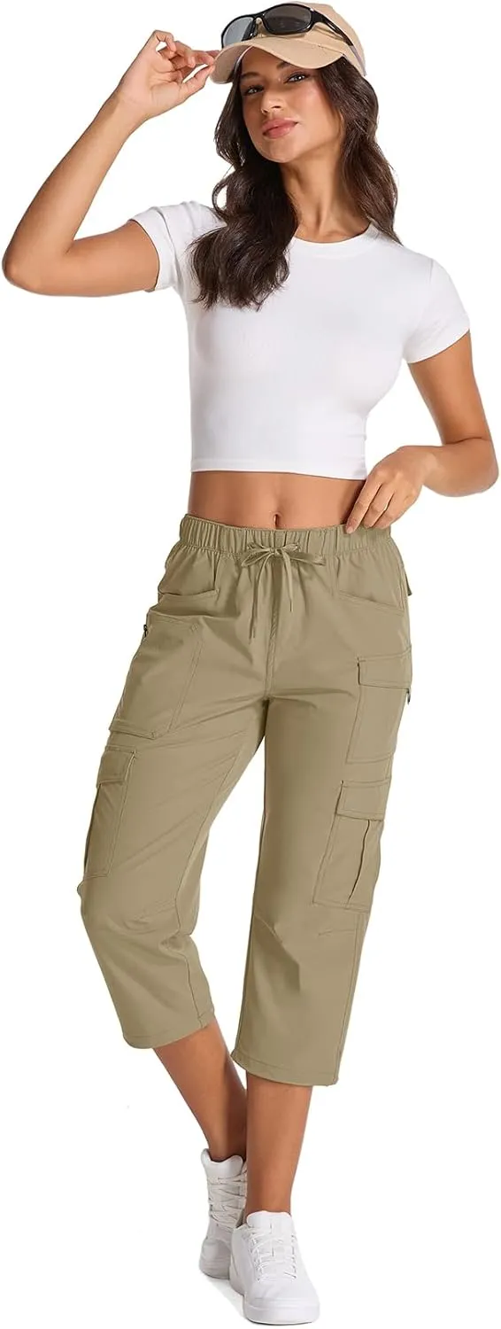 Womens Capris with Pockets Stretch Shorts Hiking Cargo Quick Dry Elastic Waist Long Shorts
