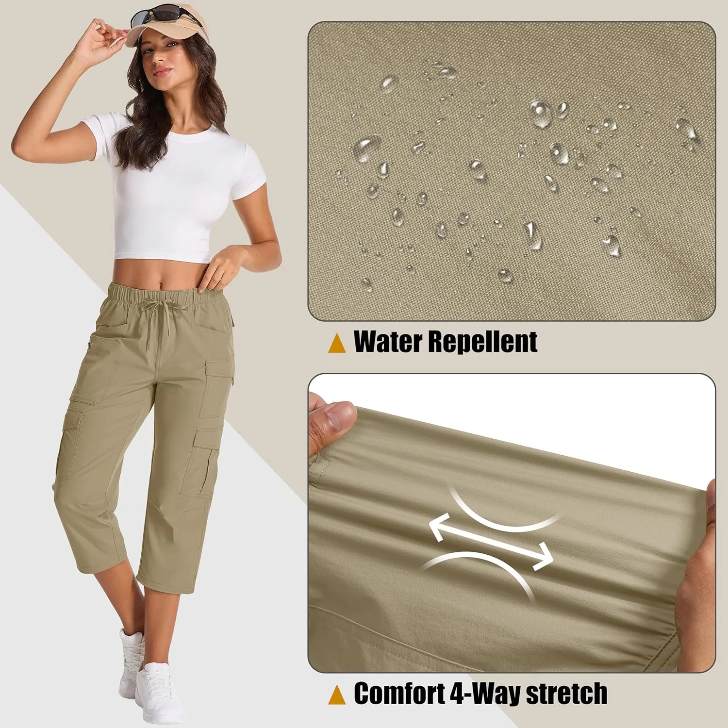 Womens Capris with Pockets Stretch Shorts Hiking Cargo Quick Dry Elastic Waist Long Shorts