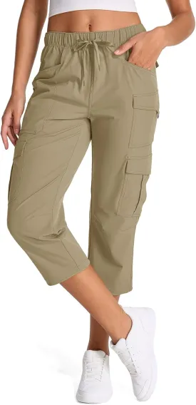 Womens Capris with Pockets Stretch Shorts Hiking Cargo Quick Dry Elastic Waist Long Shorts