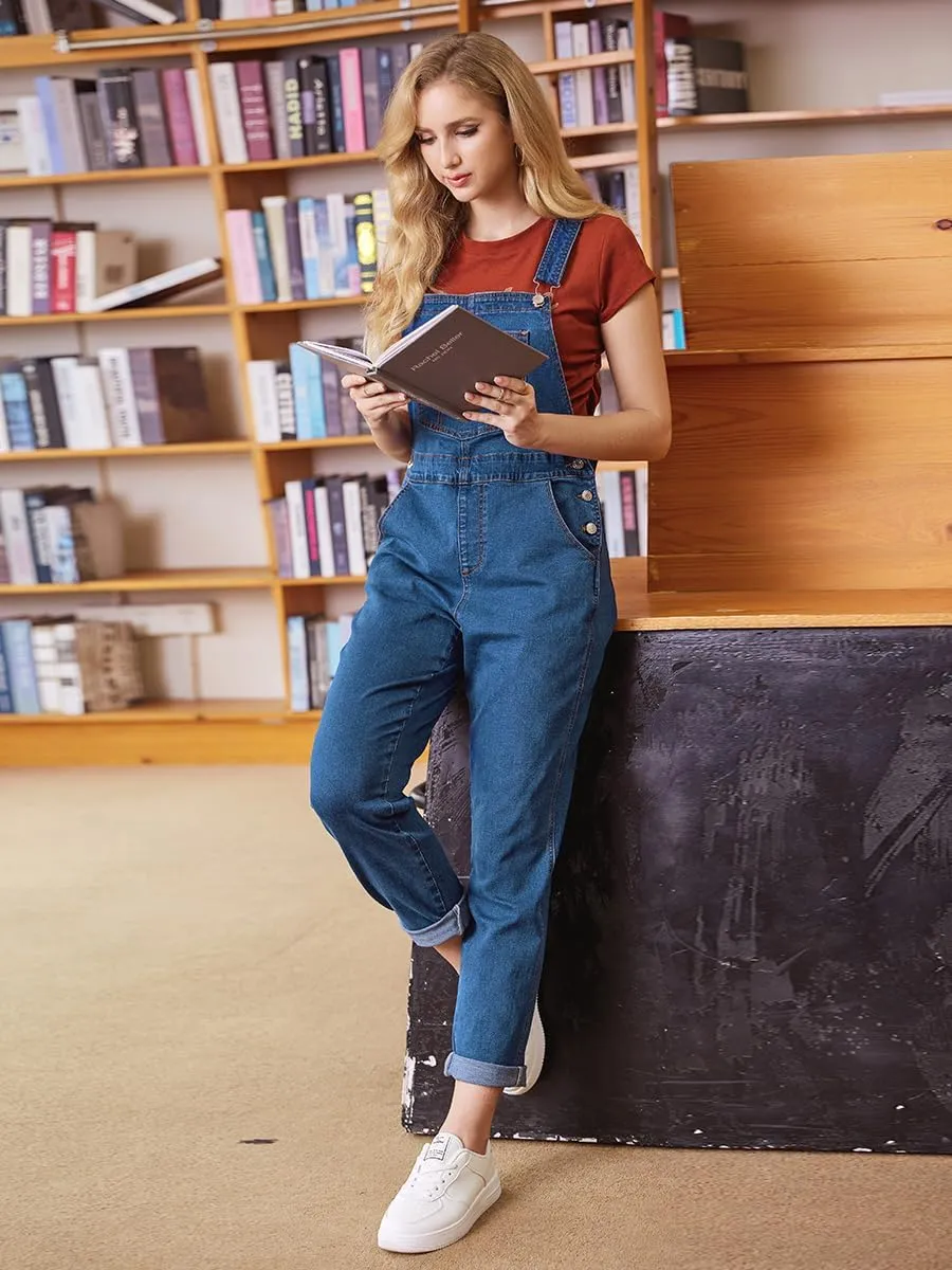 Women's Casual Stretch Classic Basic Boyfriend Fit Casual Denim Bib Overalls