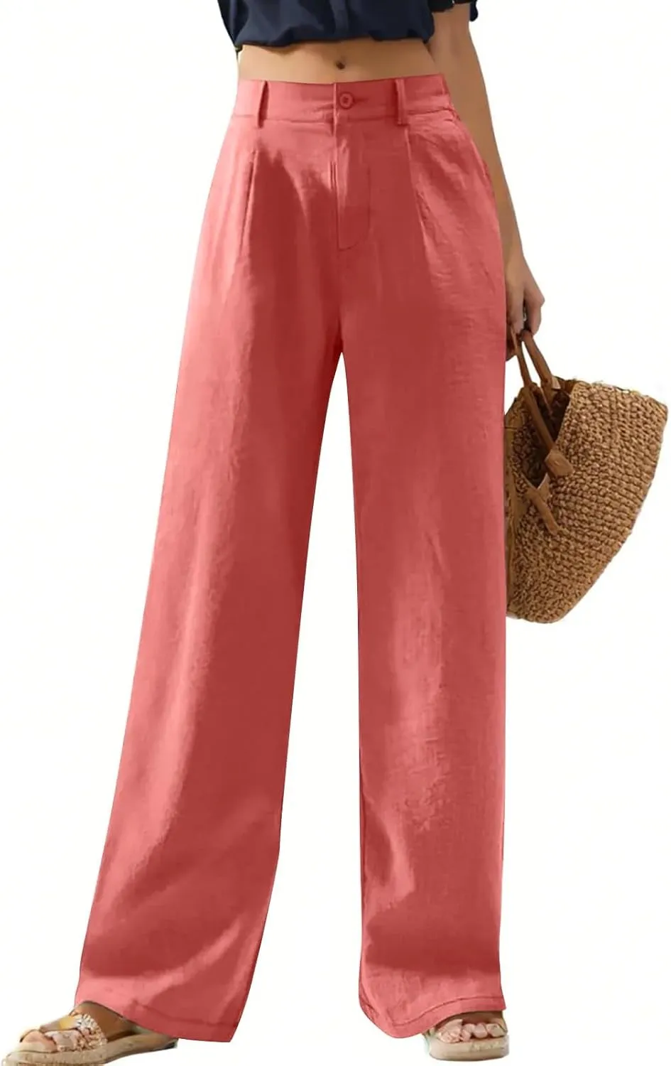 Women's Casual Wide Leg High Waisted Buckle Straight Leg Dressy Loose Fit Fashion Pants