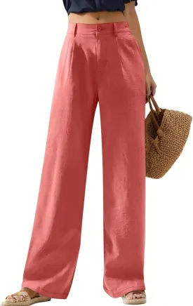 Women's Casual Wide Leg High Waisted Buckle Straight Leg Dressy Loose Fit Fashion Pants
