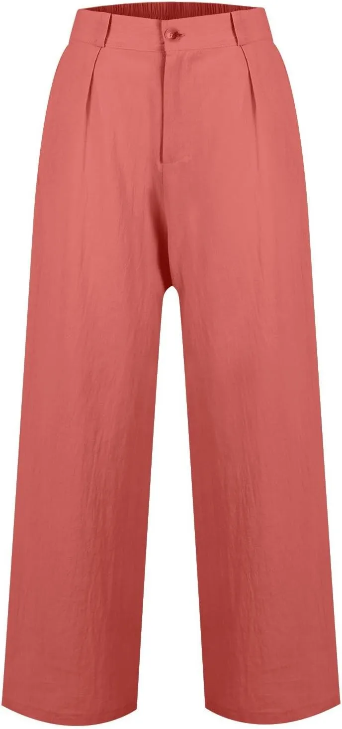 Women's Casual Wide Leg High Waisted Buckle Straight Leg Dressy Loose Fit Fashion Pants