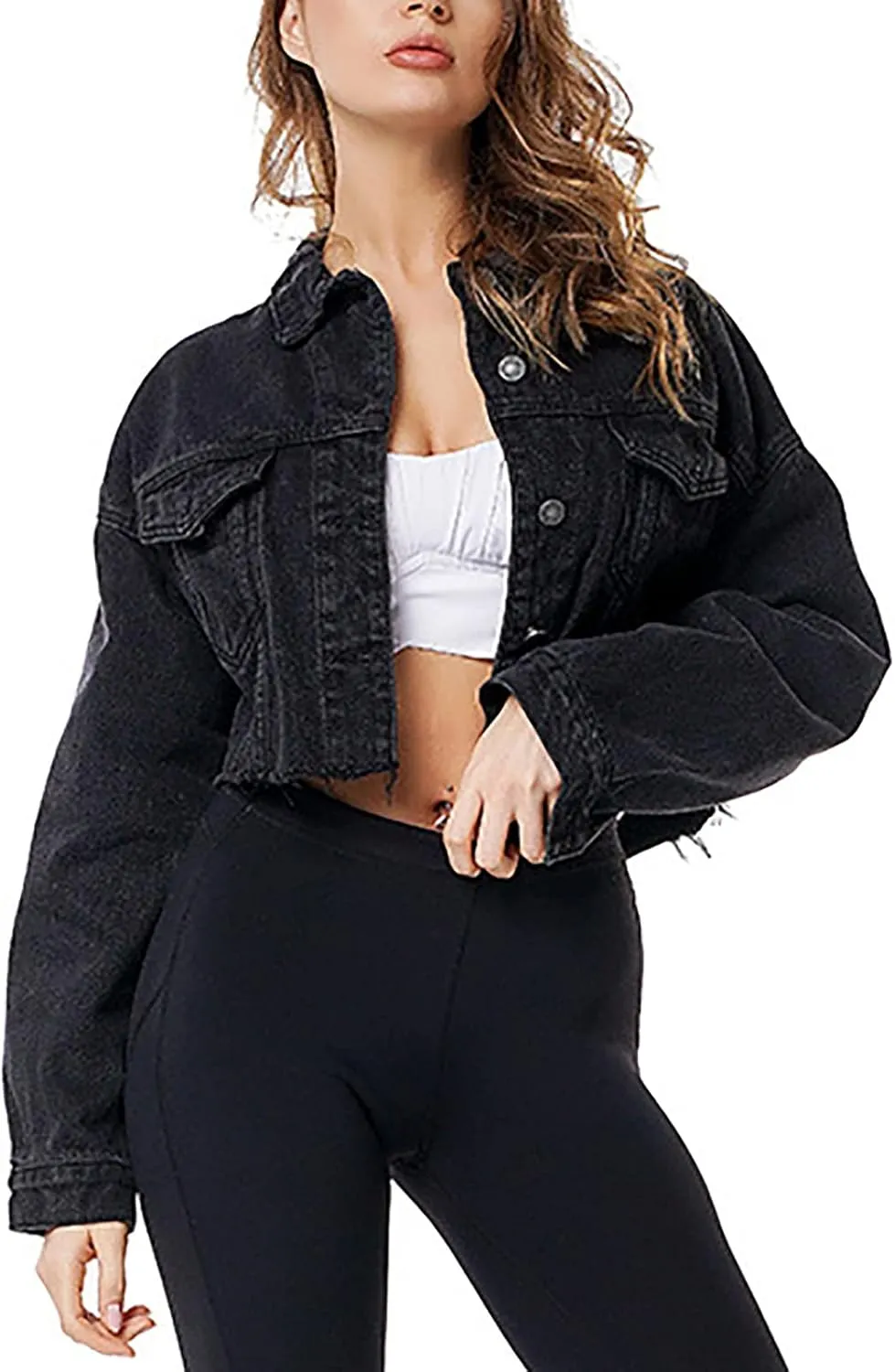 Women's Cropped Jean Denim Jacket Long Sleeve Frayed Hem Denim Jacket