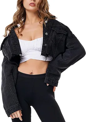 Women's Cropped Jean Denim Jacket Long Sleeve Frayed Hem Denim Jacket