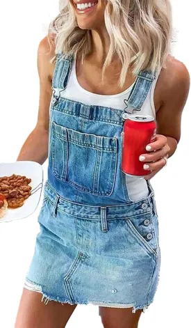 Womens Denim Bib Overalls Dress Sleeveless High Waist Rompers Jumpers Adjustable Straps Loose Jean Overall Dress