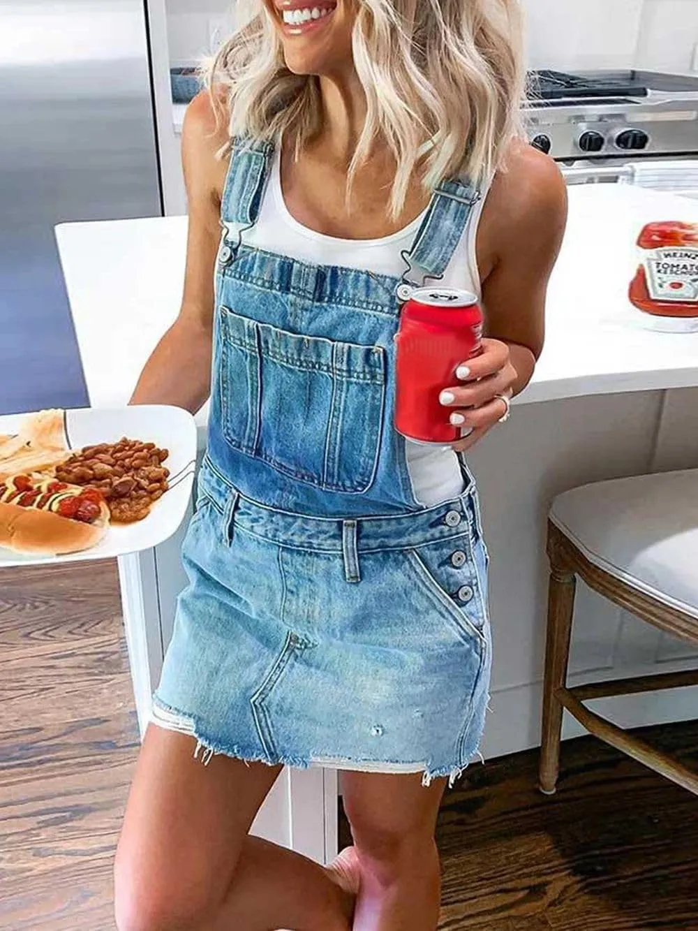 Womens Denim Bib Overalls Dress Sleeveless High Waist Rompers Jumpers Adjustable Straps Loose Jean Overall Dress