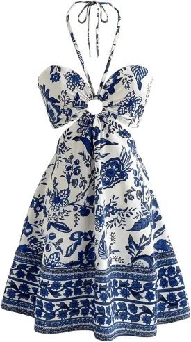 Women's Floral Halter Flowy A Line Dress Cut Out Smocked High Waisted Short Vacation Dress Sundresses