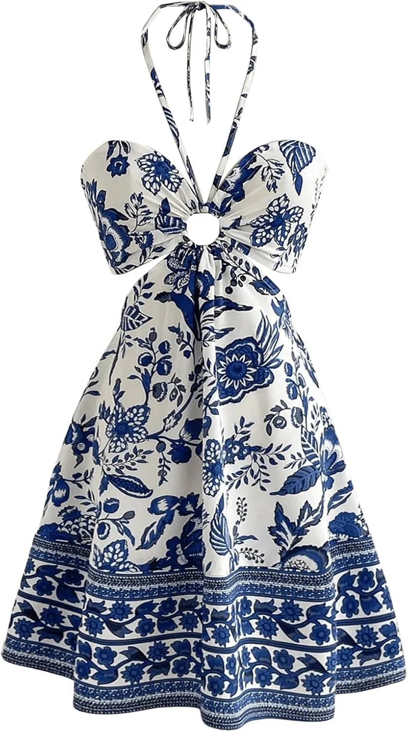 Women's Floral Halter Flowy A Line Dress Cut Out Smocked High Waisted Short Vacation Dress Sundresses