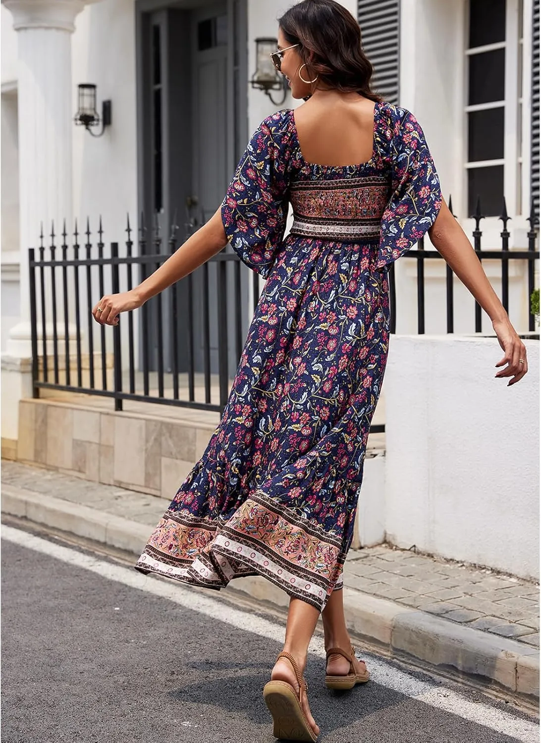 Women's Long Maxi Dress Sexy Off Shoulder Floral Dress Ruffle Short Sleeve Smocked Flowy A Line Boho Dress