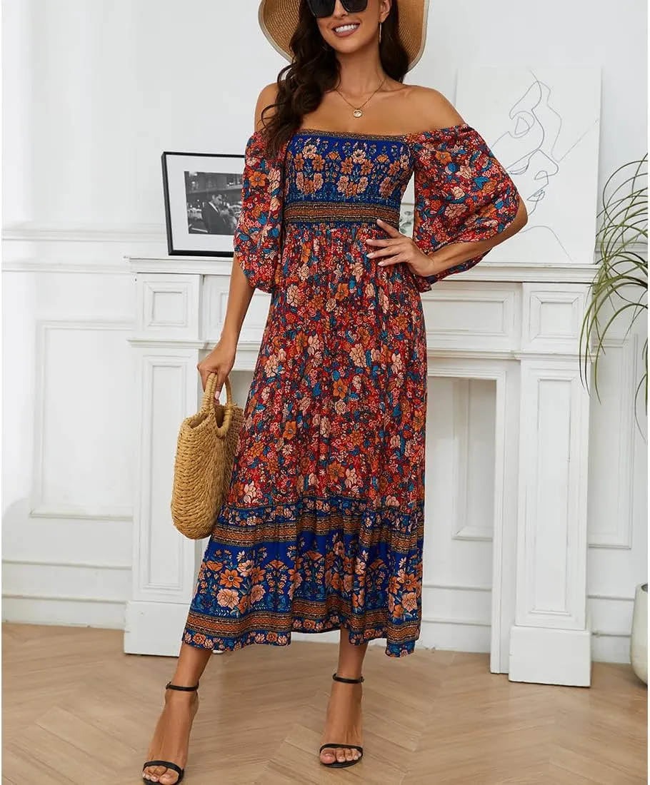 Women's Long Maxi Dress Sexy Off Shoulder Floral Dress Ruffle Short Sleeve Smocked Flowy A Line Boho Dress