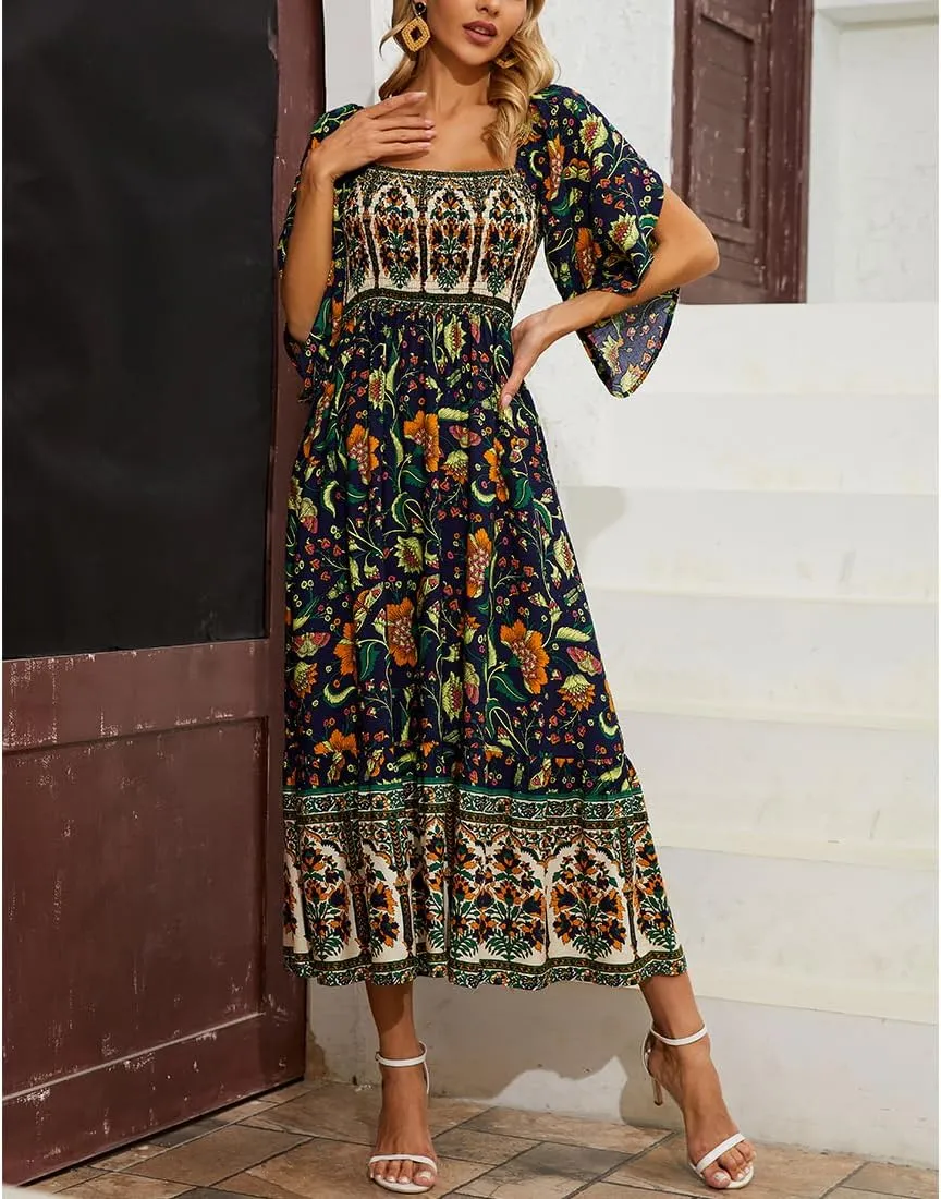Women's Long Maxi Dress Sexy Off Shoulder Floral Dress Ruffle Short Sleeve Smocked Flowy A Line Boho Dress
