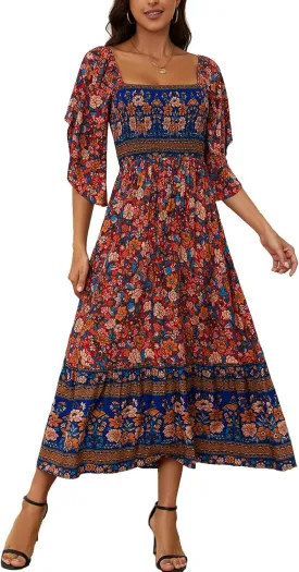Women's Long Maxi Dress Sexy Off Shoulder Floral Dress Ruffle Short Sleeve Smocked Flowy A Line Boho Dress