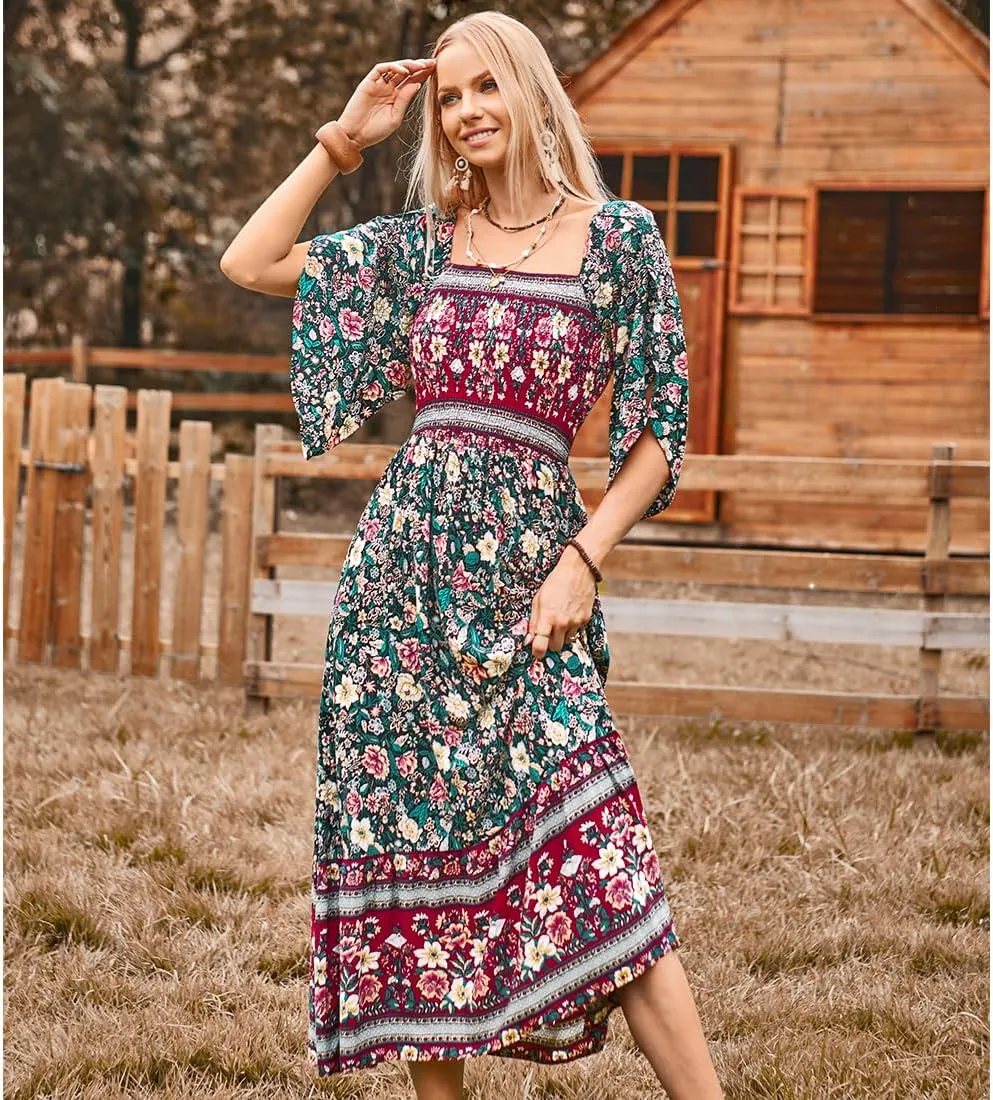 Women's Long Maxi Dress Sexy Off Shoulder Floral Dress Ruffle Short Sleeve Smocked Flowy A Line Boho Dress